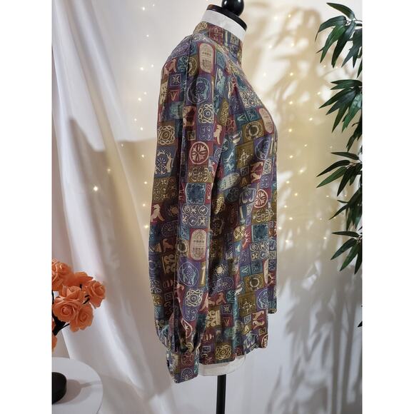 Silks VTG 80s 90s Egyptian Hieroglyph Long Sleeve Mock Blouse Womens Size M Top - Picture 4 of 13